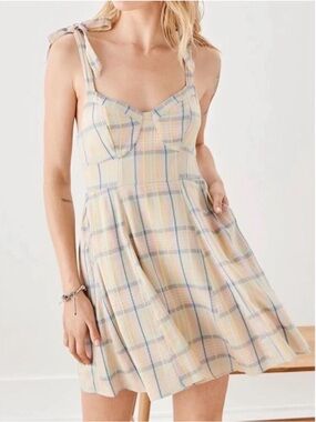 Plaid Tie-Shoulder Sundress in Pastel Yellow and Blue